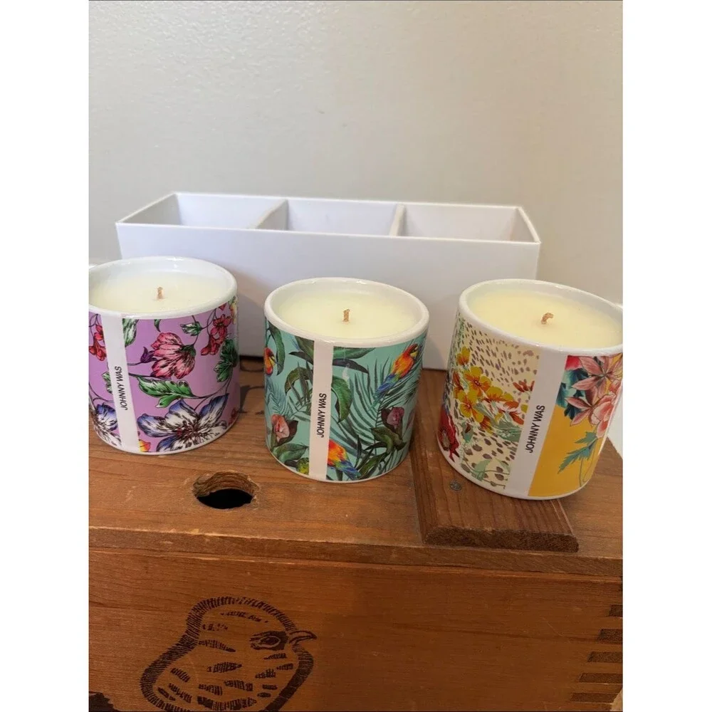 NEW Johnny Was Floral Votive Candle Trio - White with Botanical Box